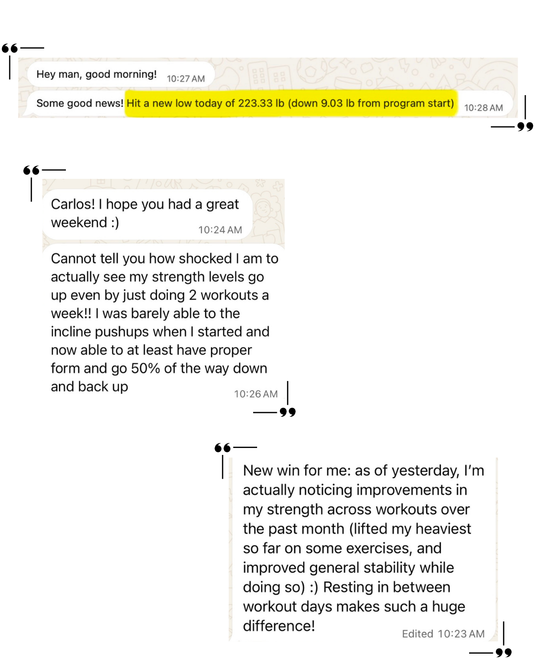 Client message: hit a new low of 223.33 lb, down 9.03 lb from program start